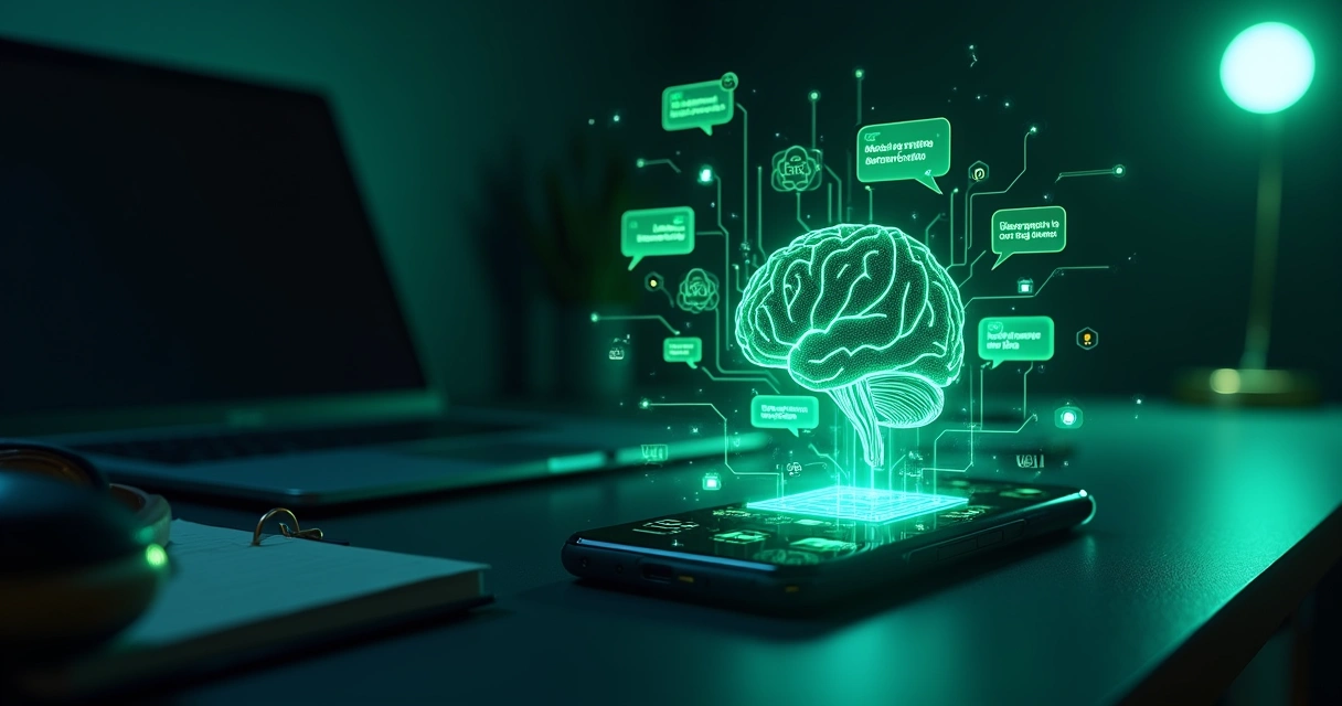 Smartphone com interface de WhatsApp conectada a cérebro digital simbolizando automação com IA 