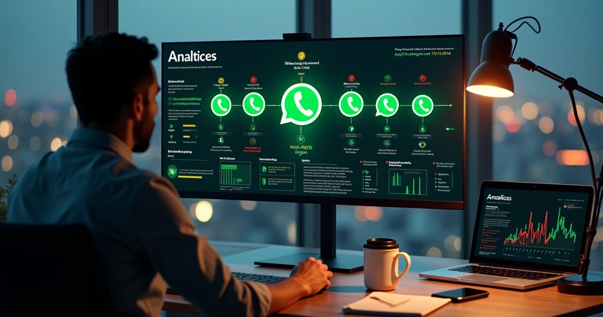 Gestor de marketing analisando funil de grupos de WhatsApp com métricas em tela 