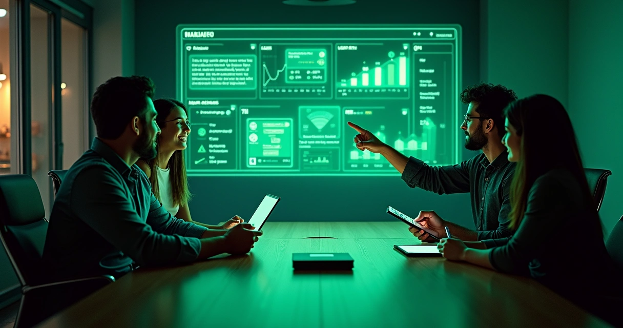 Painel de métricas de WhatsApp projetado em holograma sobre mesa de reunião 